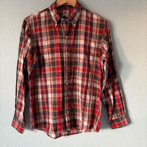 Vintage Needles Of California Red Blue Linen? Men Button Down Shirt Plaid